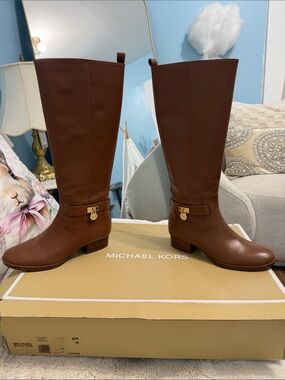 Michael Kors Tall Brown Leather Riding Boots with Gold Hardware